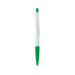 A plastic pen with a white body and green accents, featuring a logo.