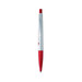 A plastic pen with a silver barrel and red accents, featuring a logo on the side.