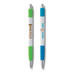 Two white pens featuring green and blue grips, each with a logo, placed side by side on a white background. Two white pens featuring green and blue grips, each with a logo, placed side by side on a white background.