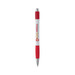 A white pen with a red grip and a branding logo. It features a shiny silver clip and tip.
