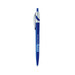 A blue plastic pen with a silver clip and a logo on the body. A blue plastic pen with a silver clip and a logo on the body.