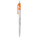 A metal pen with a silver body and orange accents, featuring a clip and a logo. A metal pen with a silver body and orange accents, featuring a clip and a logo.