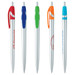A collection of five silver metal pens with coloured accents in blue, green, orange, and turquoise. Each pen features a logo. A collection of five silver metal pens with coloured accents in blue, green, orange, and turquoise. Each pen features a logo.