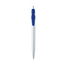 A metal pen with a silver body and blue accents, featuring a smooth design and a logo on the barrel. A metal pen with a silver body and blue accents, featuring a smooth design and a logo on the barrel.