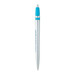 A metal pen with a silver body and blue accents, featuring a logo on the side. A metal pen with a silver body and blue accents, featuring a logo on the side.
