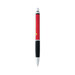 A red plastic pen with a black grip and a silver clip. The pen features a logo on the barrel. A red plastic pen with a black grip and a silver clip. The pen features a logo on the barrel.