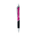 A pink plastic pen with a silver tip and a textured black grip. The pen features a branding logo. A pink plastic pen with a silver tip and a textured black grip. The pen features a branding logo.