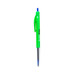 A green plastic pen with a blue ink tip and a clip. The pen features a logo.
