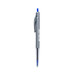 A grey plastic pen with a blue ink tip and a logo on the side.