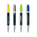 A collection of four multi-colour twist black pens featuring yellow, red, green, and blue accents, with logos. A collection of four multi-colour twist black pens featuring yellow, red, green, and blue accents, with logos.