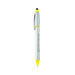 A silver stylus highlighter pen combo with yellow accents and a branding logo. A silver stylus highlighter pen combo with yellow accents and a branding logo.