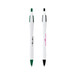 A curved pen with white body, green and black accents, featuring a logo on one side. A curved pen with white body, green and black accents, featuring a logo on one side.