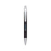 A metal pen with a black body and silver accents, featuring a logo on the side. A metal pen with a black body and silver accents, featuring a logo on the side.
