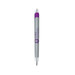 A silver and purple metal pen with a logo on the side.