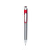 A silver metal pen with a red grip and trim, featuring a logo on its body.