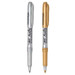 Two metallic permanent markers in silver and gold, featuring a branding logo on the side. Two metallic permanent markers in silver and gold, featuring a branding logo on the side.