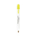 A two-sided pen featuring a yellow cap and a brown writing tip, with a white barrel and branding.