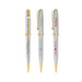 Three metal pens with chrome finishes and gold accents, featuring different logos.