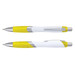 A pen with a white barrel and yellow grip, featuring a silver clip and tip. A pen with a white barrel and yellow grip, featuring a silver clip and tip.