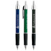 A set of three metallic pens in blue, green, and black, featuring a logo on each pen.