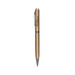A gold metal twist pen featuring a sleek design and a clip, with a logo on its body. A gold metal twist pen featuring a sleek design and a clip, with a logo on its body.