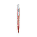 A red plastic pen with a white top, featuring a logo on its barrel.