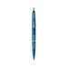 A blue Eco Clear Clics pen with a transparent barrel and silver clip, featuring a logo.