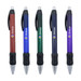 A collection of five metal grip pens in red, blue, green, black, and purple, each with a logo and a chrome tip. A collection of five metal grip pens in red, blue, green, black, and purple, each with a logo and a chrome tip.