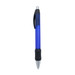 A blue metal grip pen with a chrome tip and a black rubber grip. It features a branding logo. A blue metal grip pen with a chrome tip and a black rubber grip. It features a branding logo.