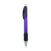 A purple metal pen with a black grip and a clear ink cartridge. It features branding on the barrel. A purple metal pen with a black grip and a clear ink cartridge. It features branding on the barrel.