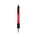 A red metal grip pen with a black rubber grip and a chrome clip, featuring a branding logo.