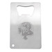 A stainless steel credit card bottle opener featuring a decorative engraving and a circular cutout for attaching a keyring. A stainless steel credit card bottle opener featuring a decorative engraving and a circular cutout for attaching a keyring.