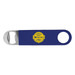 A drink bottle opener in navy blue with a round end and a metallic bottle cap opener, featuring a logo.