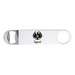 A drink bottle opener in white with a metal cap-opening feature and a logo.