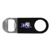 A drink bottle opener in black vinyl with a stainless steel end and a logo on one side.