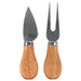 Two stainless steel cheese knives with wooden handles, featuring a spade-shaped knife and a fork. Two stainless steel cheese knives with wooden handles, featuring a spade-shaped knife and a fork.