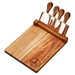 A wooden cheeseboard set featuring four stainless steel knives with wooden handles and a logo. A wooden cheeseboard set featuring four stainless steel knives with wooden handles and a logo.