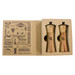 A wooden salt and pepper set in a gift box, featuring a simple design and a logo.