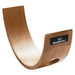 A wooden crescent wine holder with a smooth finish and a logo. The colour is light brown.