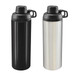 A drink bottle in black and silver metal finishes, featuring a screw-on lid and a handle for easy carrying. A drink bottle in black and silver metal finishes, featuring a screw-on lid and a handle for easy carrying.