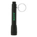A black flashlight with a keyring attachment and a logo. It features a compact design suitable for carrying.