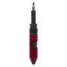 A red and black stylus pen featuring a pointed tip and a textured grip, along with a branding logo. A red and black stylus pen featuring a pointed tip and a textured grip, along with a branding logo.