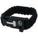 A black survival band with a compass attached, featuring a durable, braided design. It includes a fastening mechanism. A black survival band with a compass attached, featuring a durable, braided design. It includes a fastening mechanism.