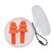 A clear container holds two pairs of orange silicone earplugs, attached to a keychain.