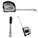 A professional 5 metre tape measure with a black and silver casing, featuring a branding logo. A professional 5 metre tape measure with a black and silver casing, featuring a branding logo.