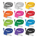 A collection of colourful dog leashes in various shades including grey, yellow, orange, pink, green, blue, purple, and black, each with a clip.