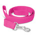 A pink dog leash made of durable material, featuring a metal clip at one end for attachment.
