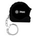 A black mini tape measure with a silver keychain attachment and a logo on the side. A black mini tape measure with a silver keychain attachment and a logo on the side.
