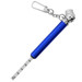 A blue keychain tyre gauge with a silver clip and measuring stick attached.