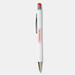 A white stylus pen with a red top and a sleek metallic clip, featuring a logo on the barrel.